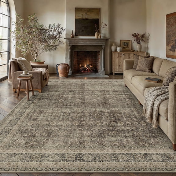 BERTHMEER 10'x12' Large Area Rugs for Living Room Bedroom Dining Room Office Oriental Floral Vintage Farmhouse Machine Washable Non-slip Traditional Distressed Carpets, Golden Brown