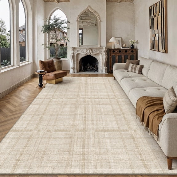 BERTHMEER 10'x12' Large Area Rugs for Living Room Bedroom Beige Modern Contemporary Geometric Carpets Non Slip Washable Farmhouse Office Dining Room Plaid Checkered Pattern Rugs
