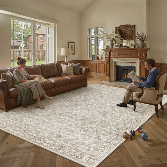BERTHMEER 10'x12' Large Vintage Area Rugs Washable Oriental Rugs for Living Room Bedroom Dining Room Farmhouse Office Traditional Carpets Non-slip, Brown