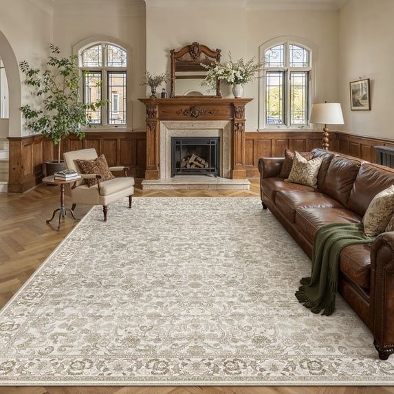 BERTHMEER 10'x12' Large Vintage Area Rugs Washable Oriental Rugs for Living Room Bedroom Dining Room Farmhouse Office Traditional Carpets Non-slip, Brown