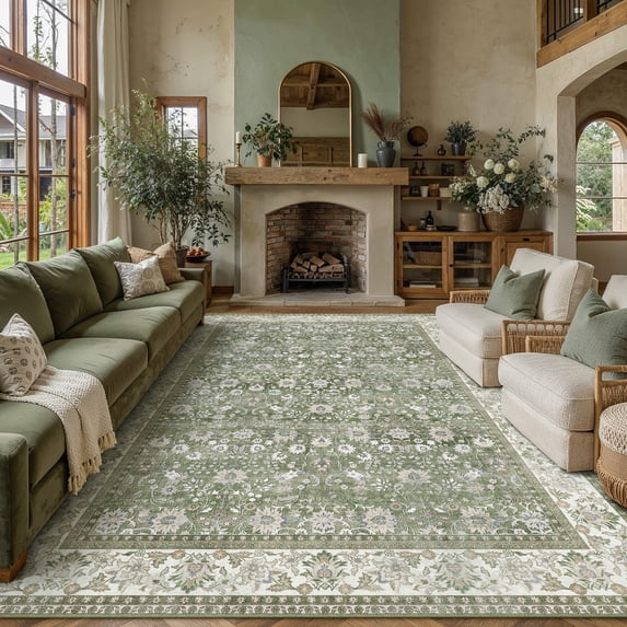 BERTHMEER 10'x14' Area Rugs for Living Room Bedroom Dining Room Office Farmhouse Large Rugs Oriental Traditional Vintage Non Slip Washable Throw Rugs Carpets, Green
