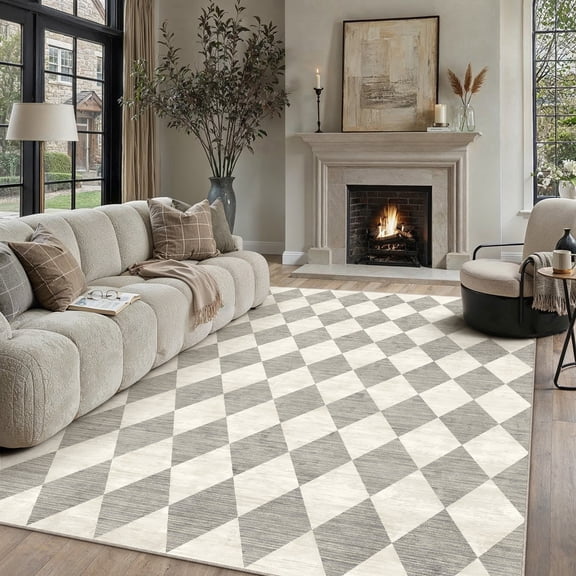 BERTHMEER 10'x14' Area Rugs for Living Room Bedroom Rhombus Checkered Large Rugs Office Dining Room Farmhouse Non Slip Washable Geometric Modern Contemporary Rugs Carpets, Gray