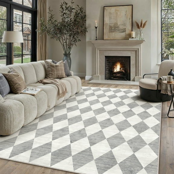 BERTHMEER 10'x14' Area Rugs for Living Room Bedroom Rhombus Checkered Large Rugs Office Dining Room Farmhouse Non Slip Washable Geometric Modern Contemporary Rugs Carpets, Gray