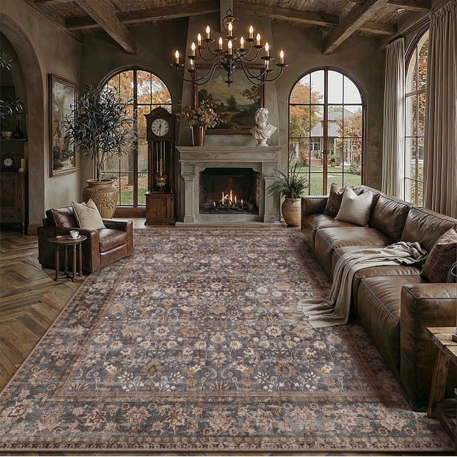 BERTHMEER 10'x14' Area Rugs for Living Room Dining Room Bedroom Farmhouse Office Distressed Vintage Washable Traditional Non-slip Blue Brown Large Rugs Carpets