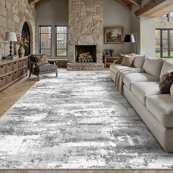 BERTHMEER 10'x14' Gray Abstract Area Rugs for Living Room Bedroom Dining Room Office Farmhouse Distressed Stain Resistant Machine Washable Non-slip
