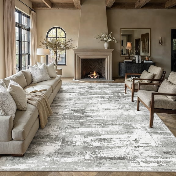 BERTHMEER 10'x14' Gray Abstract Area Rugs for Living Room Bedroom Dining Room Office Farmhouse Distressed Stain Resistant Machine Washable Non-slip
