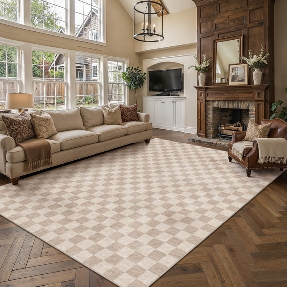 BERTHMEER 10'x14' Large Area Rugs for Living Room Bedroom Dining Room Office Geometric Modern Checkered Farmhouse Carpets Non Slip Machine Washable, Brown