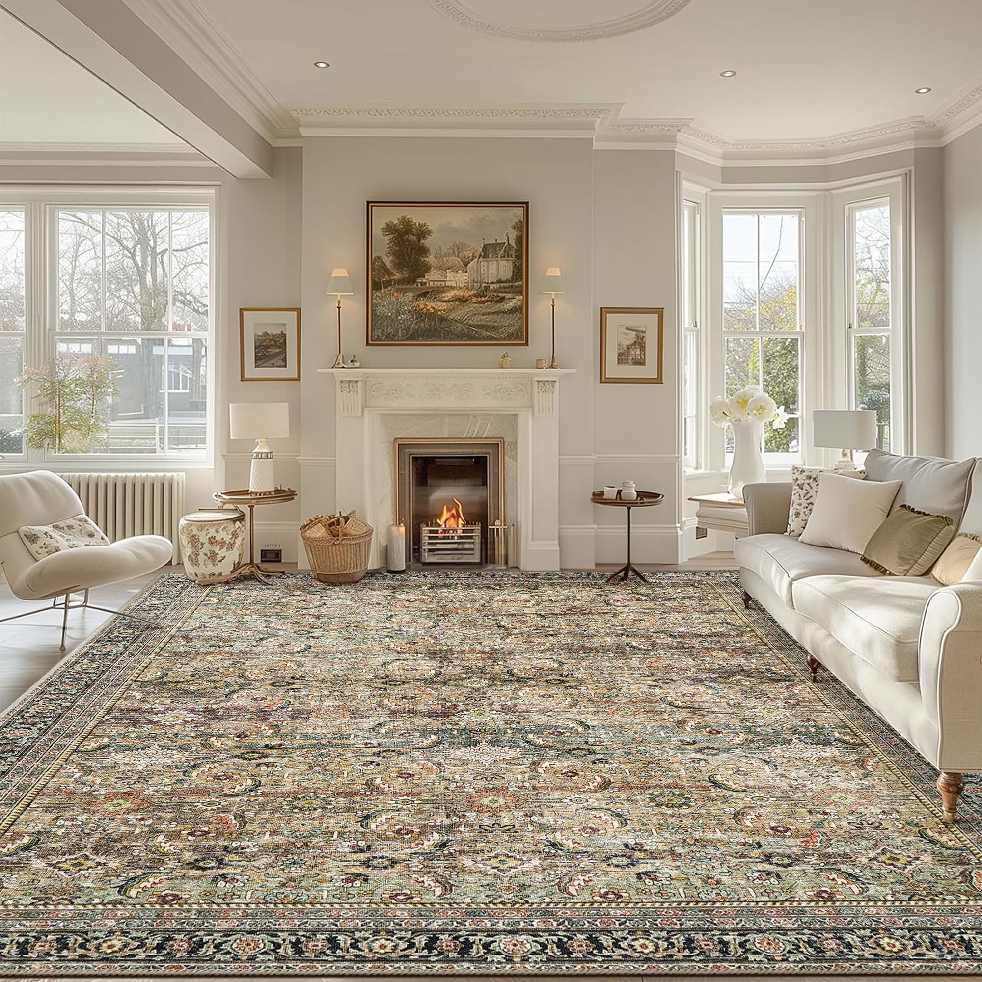 BERTHMEER 10’x14' Large Vintage Area Rugs Clearance for Living Room Bedroom Office Dining Room Farmhouse Brown Oriental Rugs Non Slip Traditional Distressed Rugs