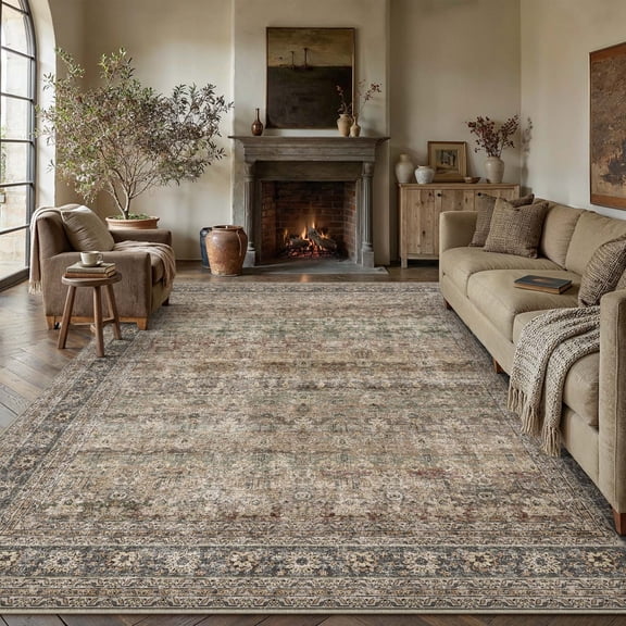 BERTHMEER 10'x14' Large Vintage Area Rugs for Living Room Dining Room Bedroom Office Farmhouse Traditional Distressed Oriental Rugs Non Slip Rugs Carpets,Brown