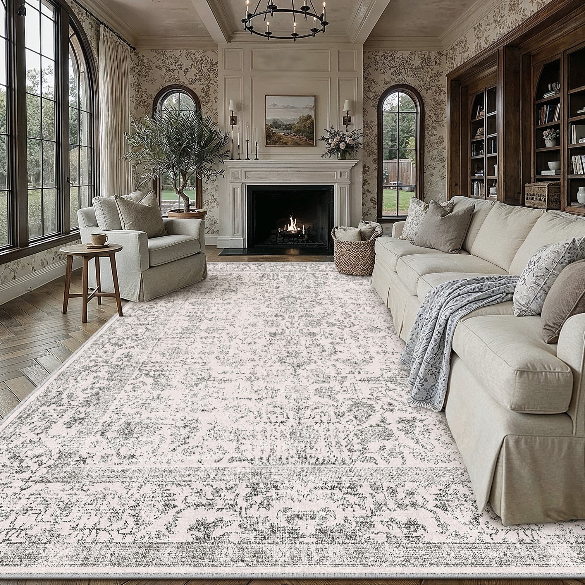berthmeer 10'x14' large vintage area rugs oriental rugs washable carpets for living room bedroom dining room throw rugs non-slip, gray