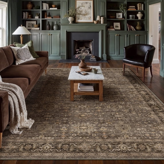 BERTHMEER 12'x15' Large Area Rugs for Living Room Dining Room Farmhouse Bedroom Office Oriental Vintage Traditional Rugs Washable Non Slip Indoor Rugs Carpets, Brown