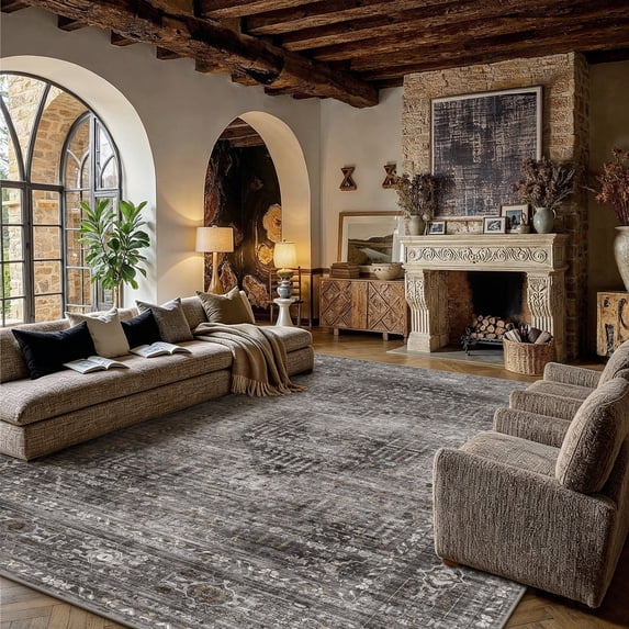 BERTHMEER 10x12 Area Rugs for Living Room Bedroom Vintage Brown Dining Room Farmhuose Large Carpets Washable Non-Slip Soft Low Pile Traditional Distressed Oriental Indoor for Office Playroom