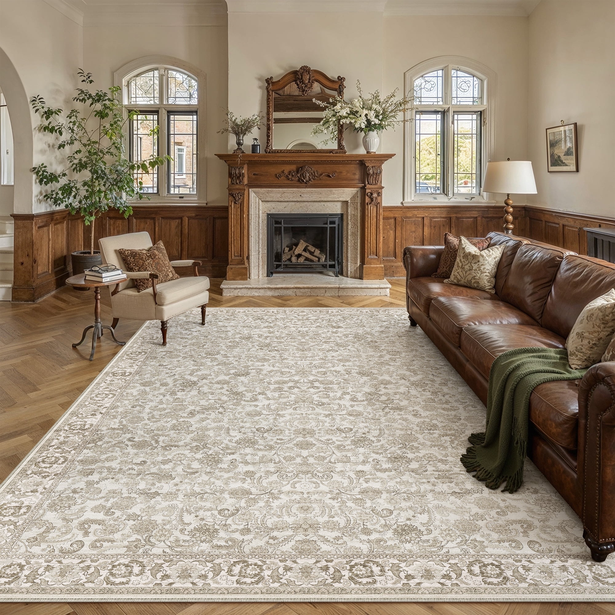 berthmeer 12'?ó15' large area rugs for living room bedroom dining room office oriental floral vintage farmhouse machine washable non-slip traditional distressed carpets, brown