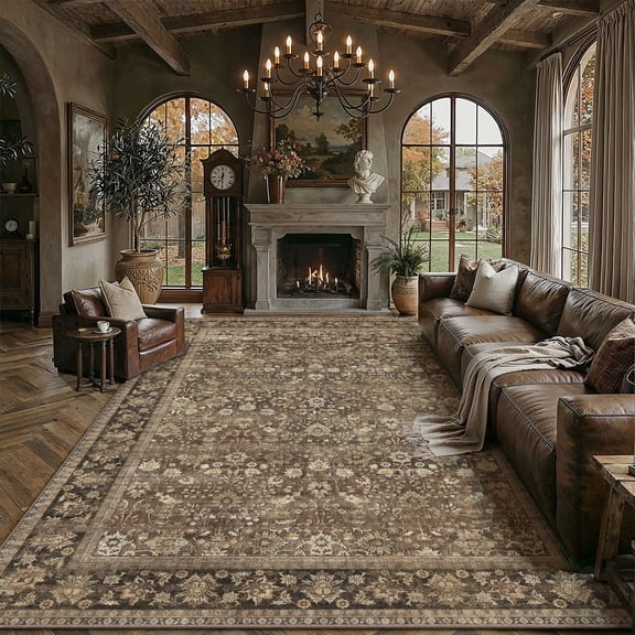 BERTHMEER 12'x15' Area Rugs for Living Room Bedroom Dining Room Office Farmhouse Large Rugs Oriental Traditional Vintage Non Slip Washable Throw Rugs Carpets,Brown