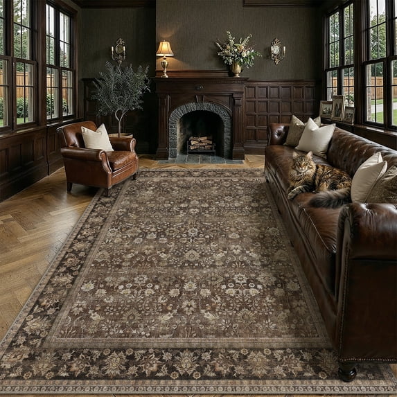 BERTHMEER 12'x15' Area Rugs for Living Room Bedroom Dining Room Office Farmhouse Large Rugs Oriental Traditional Vintage Non Slip Washable Throw Rugs Carpets,Brown