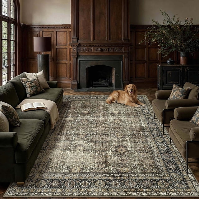 BERTHMEER 12'x15' Area Rugs for Living Room Bedroom Dining Room Office Farmhouse Large Rugs Oriental Traditional Vintage Non Slip Washable Throw Rugs Carpets,Brown
