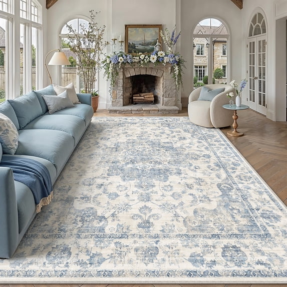 BERTHMEER 12'x15' Large Area Rugs for Living Room Vintage Rugs for Bedroom Blue Non Slip Washable Farmhouse Dining Room Oriental Traditional Office Distressed Carpets