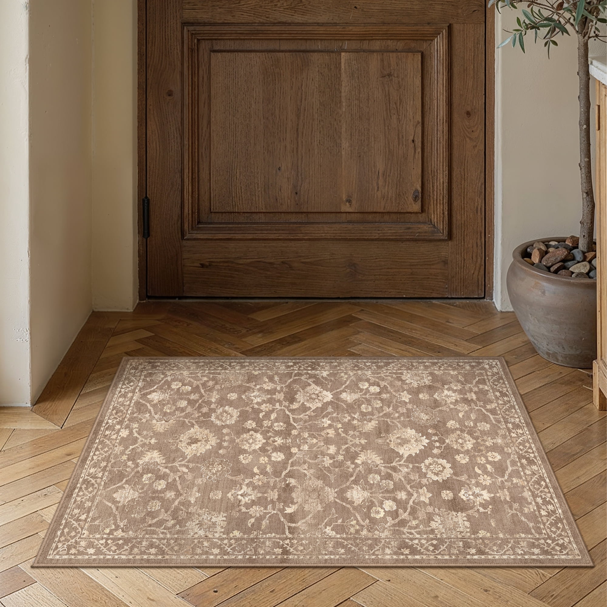 berthmeer 2'ã—3' small area rugs for entryway doormats indoor bathroom oriental floral vintage farmhouse machine washable non-slip traditional distressed throw rugs, brown