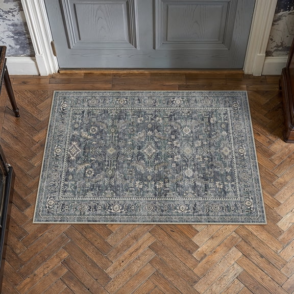 BERTHMEER 2'×3' Small Area Rugs for Entryway Doormats Indoor Bathroom Oriental Floral Vintage Farmhouse Machine Washable Non-slip Traditional Distressed Throw Rugs, Navy Blue