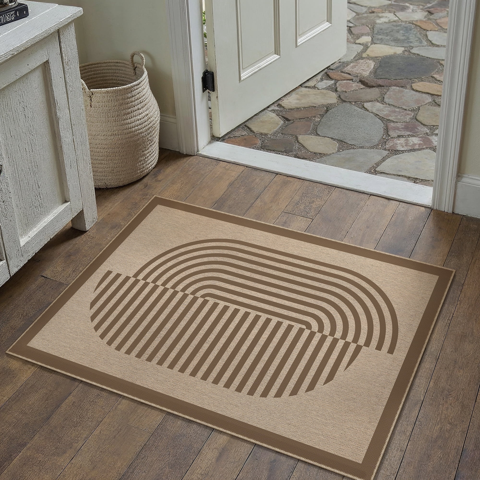 BERTHMEER 2'x3' Easy Jute Small Washable Rugs for Entryway Entrance Doorway Kitchen Laundry Farmhouse Indoor Outdoor Neutral Non Slip Jute Rugs Stripes Geometric Modern Doormats, Beige