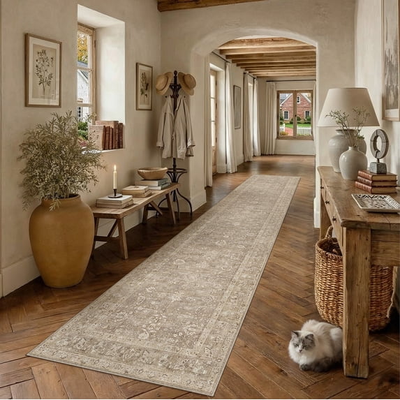 BERTHMEER 2.6'×12' Long Runner Rugs for Hallway Kitchen Bedroom Bathroom Entryway Entrance Oriental Floral Vintage Farmhouse Machine Washble Non-slip Traditional Distressed Rugs, Brown