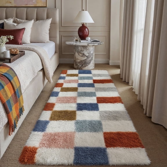 BERTHMEER 2'x6' Multicolor Fluffy Shag Runner Rugs for Living Room Nursery Teen Girl Bedroom Geometric Modern Indoor Checkered Runner Rugs