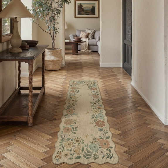 BERTHMEER 2'×6' Runner Rugs for Hallway Bedroom Entryway Entrance Laundry Indoor Beige Modern Non Slip Low Pile Easy-jute Floral Insect Dragonfly Butterfly Pattern Runner Rugs, Multicolor
