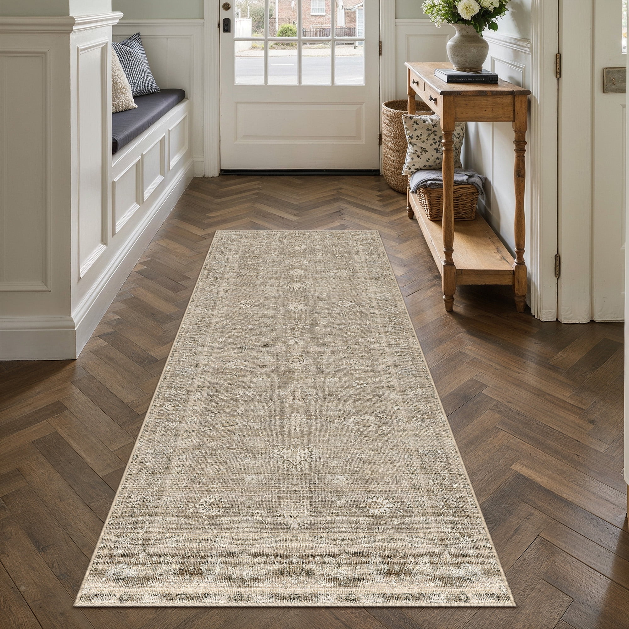 berthmeer 2'?ó6' runner rugs for hallway kitchen entryway bedroom bathroom entrance oriental floral vintage farmhouse machine washable non-slip traditional distressed rugs, brown
