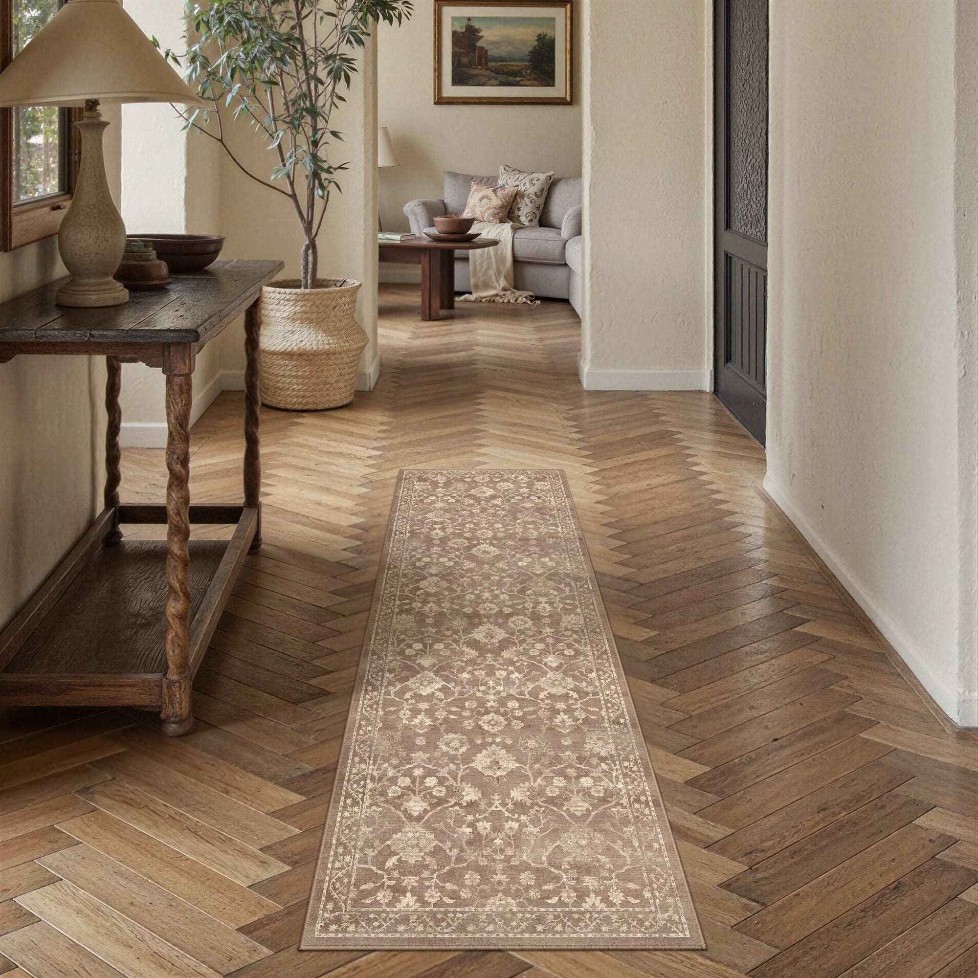 BERTHMEER 2'×6' Runner Rugs for Hallway Kitchen Entryway Bedroom Bathroom Entrance Oriental Floral Vintage Farmhouse Machine Washable Non-slip Traditional Distressed rugs, Brown