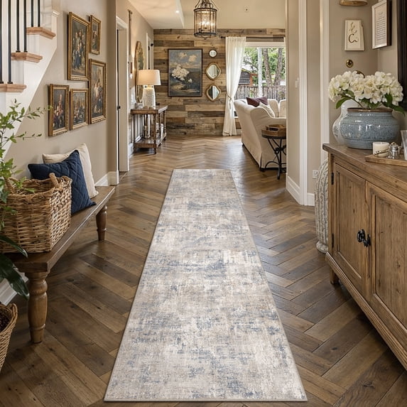 BERTHMEER 2.6'x10' Long Abstract Runner Rugs for Hallway Kitchen Bedroom Bathroom Entryway Entrance Farmhouse Machine Washable Non-slip Traditional Distressed Rugs, Blue Brown