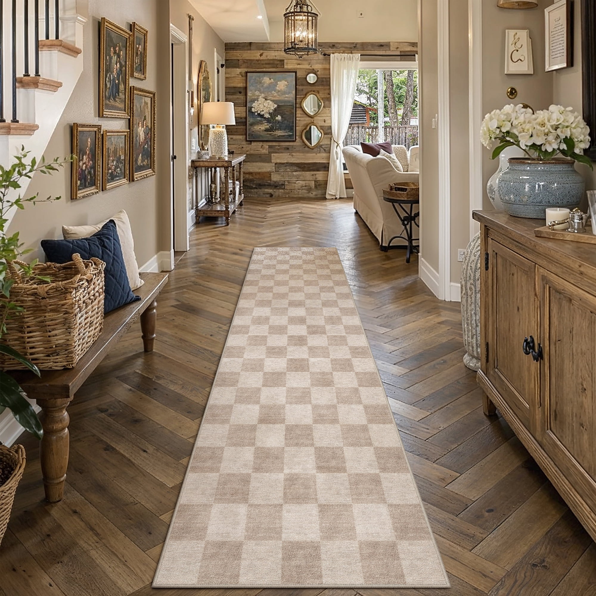 berthmeer 2.6'x10' long runner rugs for hallway kitchen bedroom bathroom entryway entrance geometric modern checkered farmhouse carpets non slip machine washable, brown