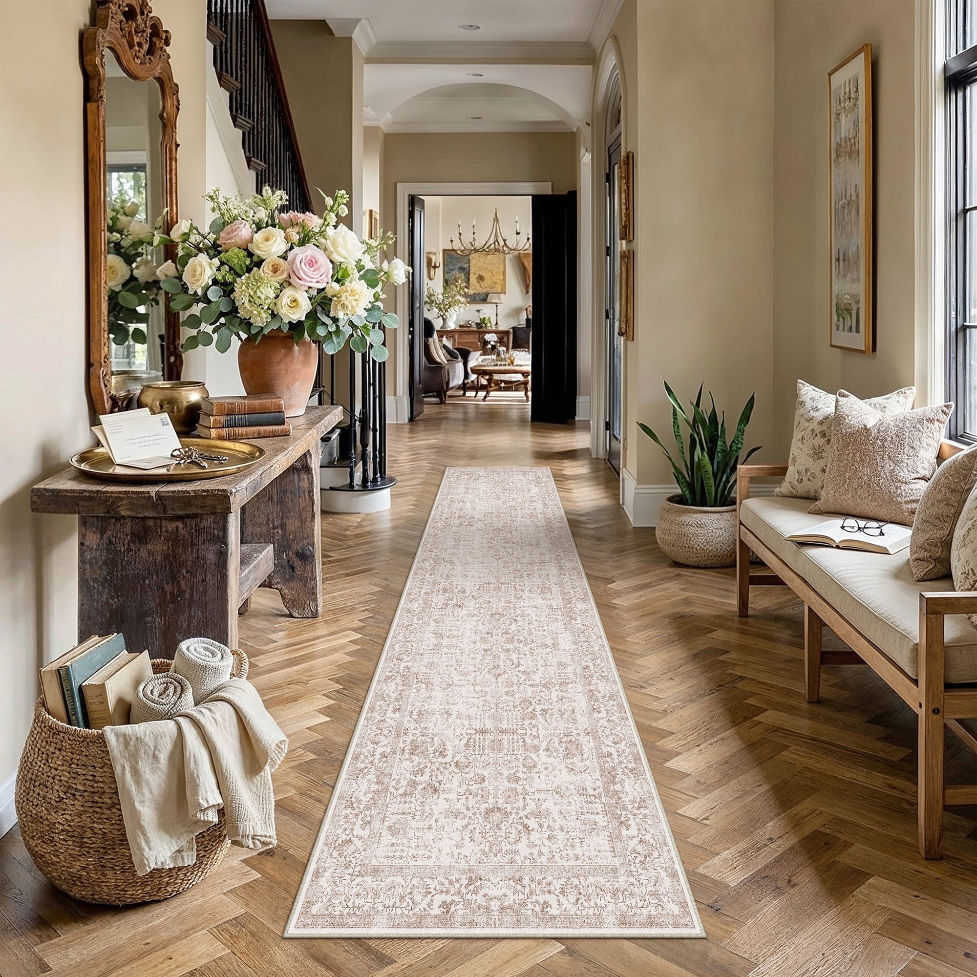 berthmeer 2.6'x10' long runner rugs for hallway kitchen bedroom bathroom entryway entrance oriental floral vintage farmhouse machine washable non-slip traditional distressed rugs, brown