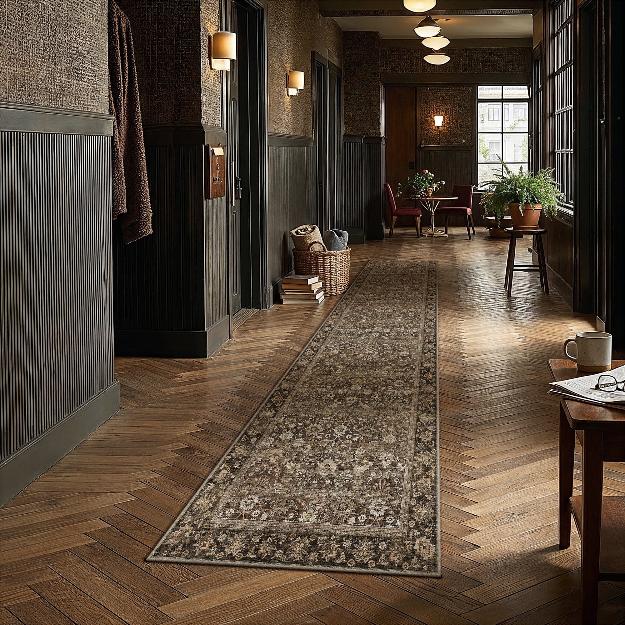 BERTHMEER 2.6'x12' Runner Rugs for Bedroom Hallway Kitchen Corridor Entryway Oriental Vintage Oriental Traditional Distressed Indoor Washable Non Slip Runner Rugs,Brown