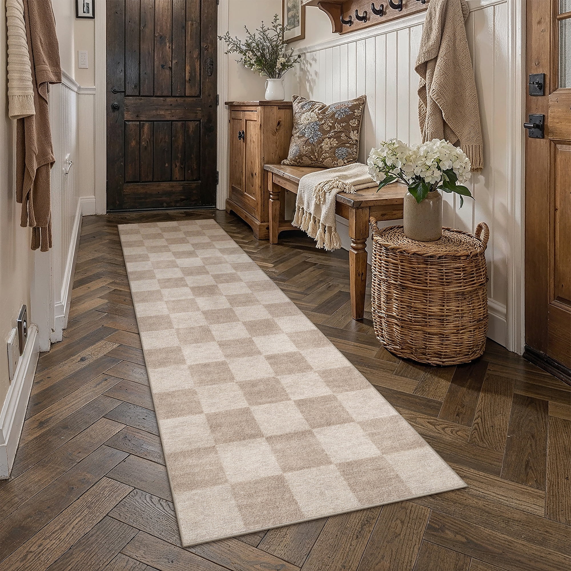 berthmeer 2.6'x8' runner rugs for hallway kitchen bedroom bathroom entryway entrance geometric modern checkered farmhouse carpets non slip machine washable, brown