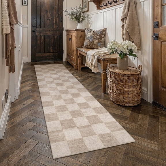 BERTHMEER 2.6'x8' Runner Rugs for Hallway Kitchen Bedroom Bathroom Entryway Entrance Geometric Modern Checkered Farmhouse Carpets Non Slip Machine Washable, Brown