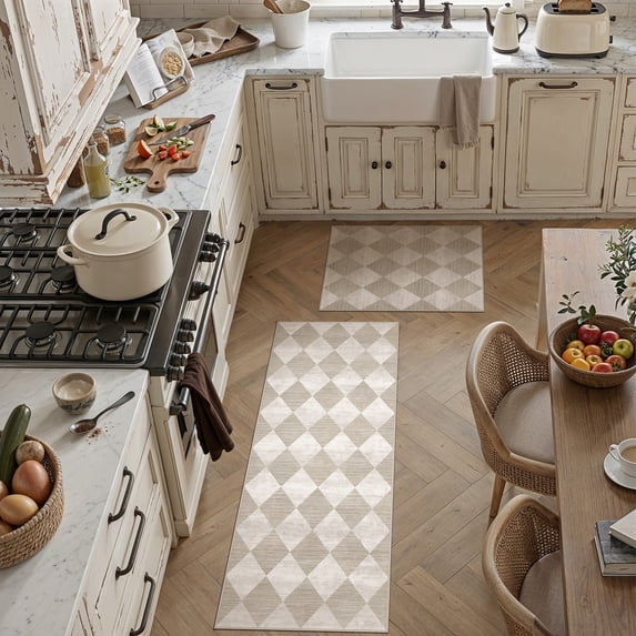 BERTHMEER 2-Piece Runner Rugs Sets of 2 Carpets for Hallway Kitchen Bedroom Bathroom Entryway Entrance Geometric Modern Rhombus Checkered Contemporary Non Slip Machine Washable, Beige, 2'x3'+2'x6'