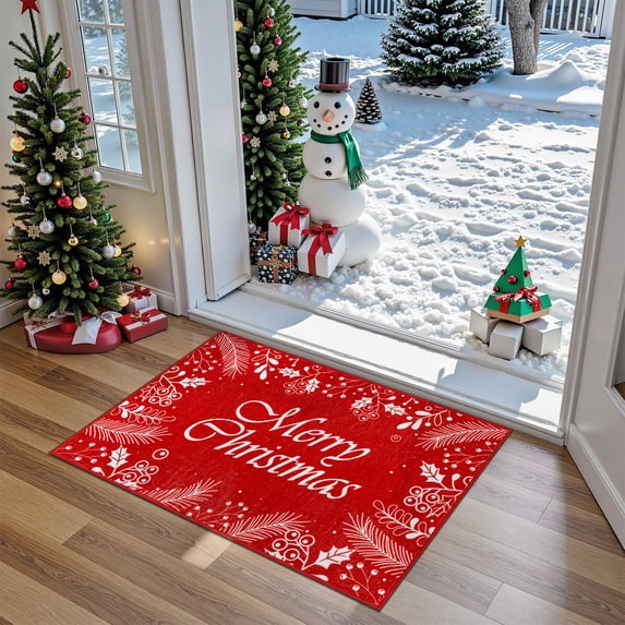 BERTHMEER 2'X3' Christmas Rug Red Washable Indoor Mat for Entrance Entryway Bedroom Bathroom Kitchen Floral Print Non-slip Rug,Red