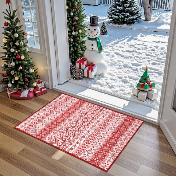 BERTHMEER 2'X3' Christmas Rug for Kitchen Indoor Entrance Entryway Traditional Washable Non-slip Holiday Door Mat,Red and White
