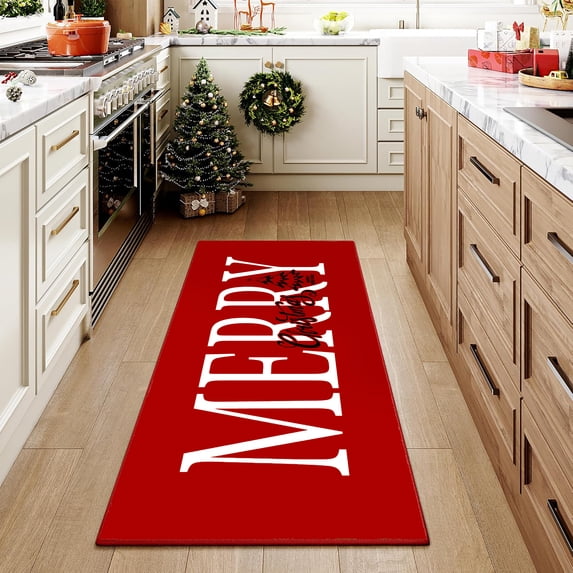 BERTHMEER 2'X5' Christmas Area Rug Washable Indoor Door Mat for Porch Entrance Entryway Doorway Bedroom Bathroom Kitchen Non-slip Rug,Red