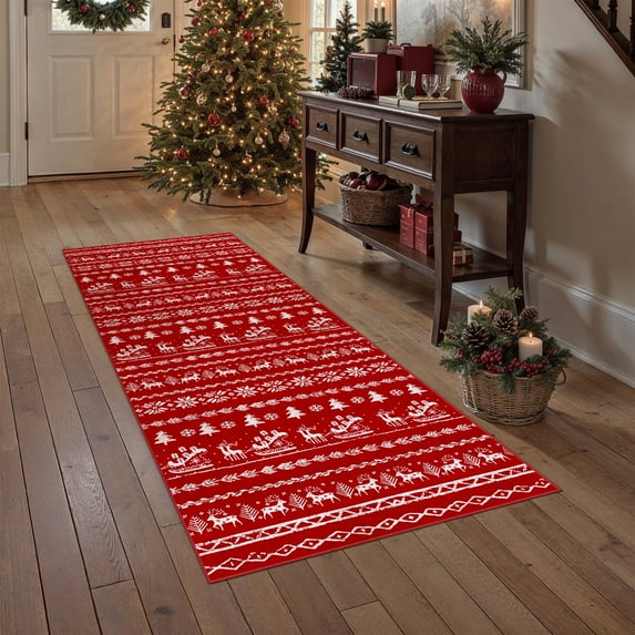 BERTHMEER 2'X6' Christmas Runner Rug Christmas Kitchen Runner Geometic Print Runner for Indoor Entrance Entryway Hallway Kitchen Washable Non-slip Rug,Red