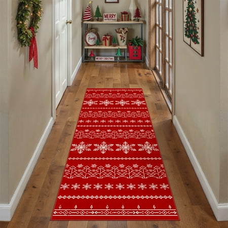 BERTHMEER 2'X6' Christmas Runner Rug Red Hallway Runner for Indoor Entryway Entrance Hallway Kitchen Soft Washable Non-slip Snowflake Rug,Red