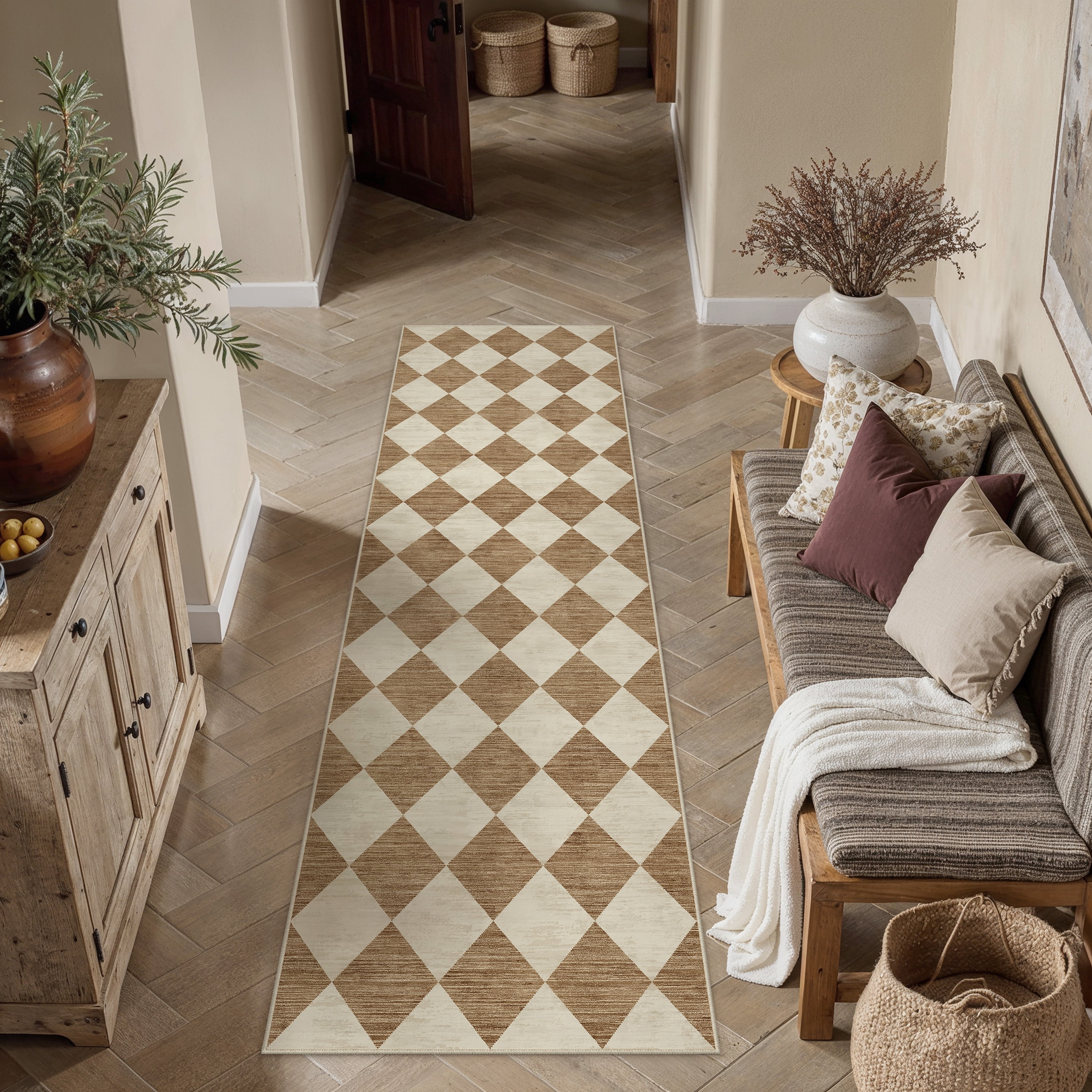 berthmeer 2'x10' runner rugs for hallway bathroom bedroom entryway kitchen non slip geometric modern rhombus checkered contemporary washable indoor runner rugs, brown