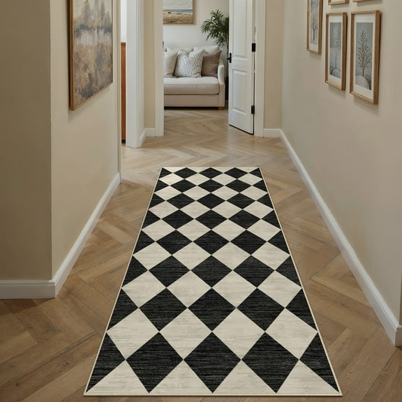 BERTHMEER 2'x10' Runner Rugs for Hallway Bathroom Bedroom Entryway Kitchen Non Slip Geometric Modern Rhombus Checkered Contemporary Washable Indoor Runner Rugs, Black & Beige