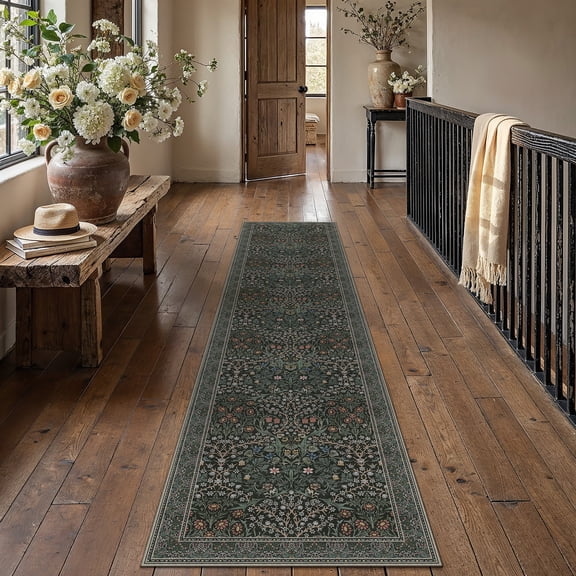 BERTHMEER 2'x10' Runner Rugs for Hallway Kitchen Entryway Bedroom Bathroom Entrance Oriental Floral Vintage Farmhouse Machine Washable Non-slip Traditional Distressed rugs, Deep Green