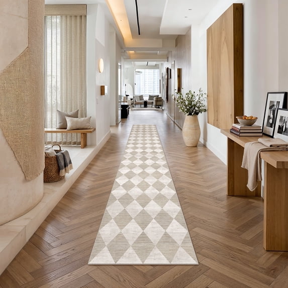 BERTHMEER 2'x12' Runner Rugs for Entryway Bedroom Living Room Hallway Kitchen Dining Room and Laundry Room Non Slip Washable Geometric Rhombus Checkered Runner Rugs,Beige
