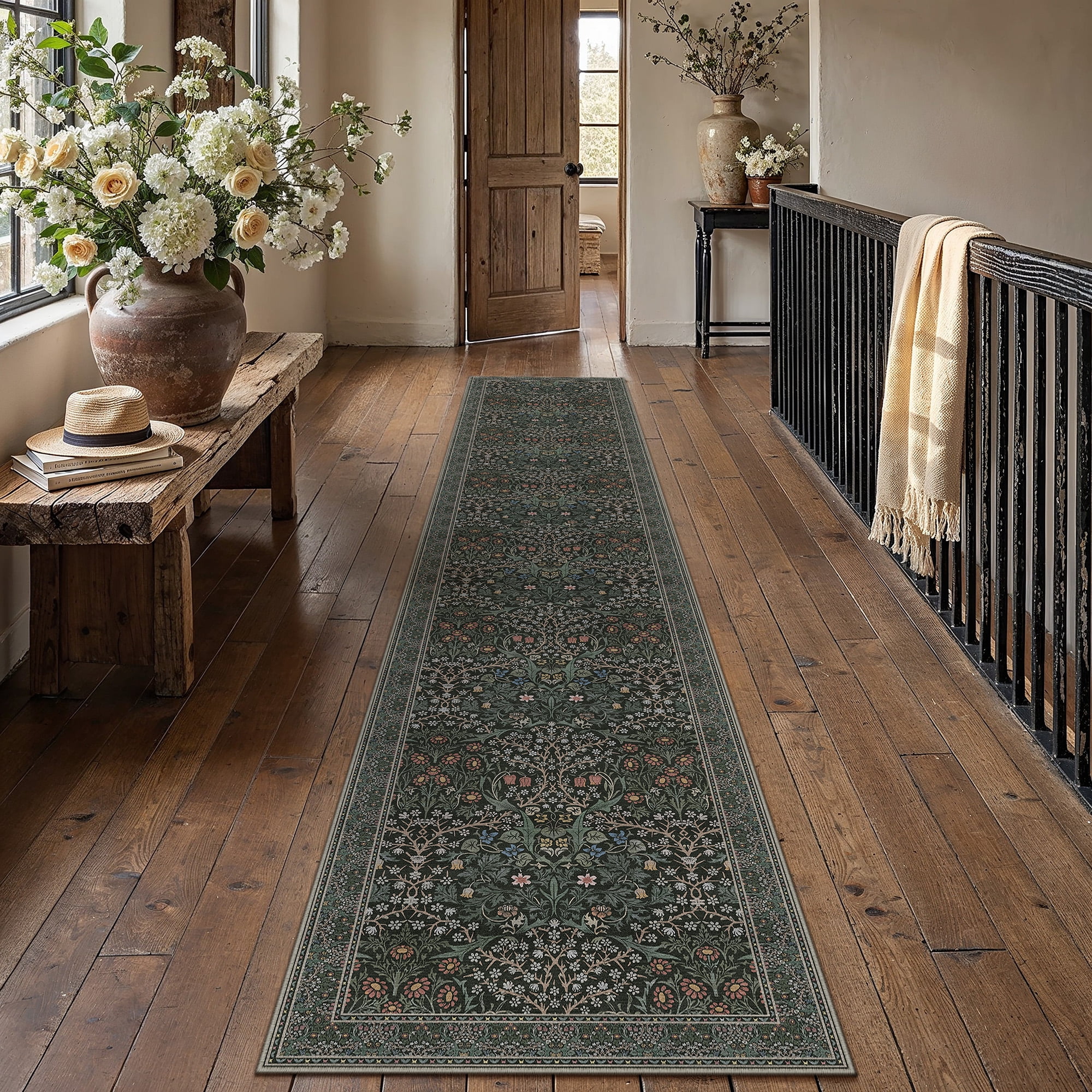 berthmeer 2'x12' runner rugs for hallway kitchen entryway bedroom bathroom entrance oriental floral vintage farmhouse machine washable non-slip traditional distressed rugs, deep green