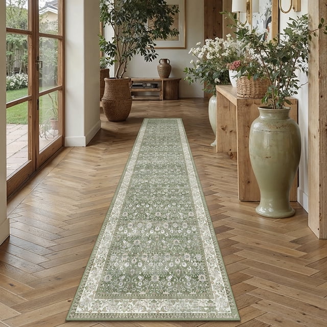 BERTHMEER 2'x12' Runner Rugs for Hallway Kitchen Entryway Bedroom Indoor Non Slip Vintage Oriental Traditional Washable Runner Rugs,Green