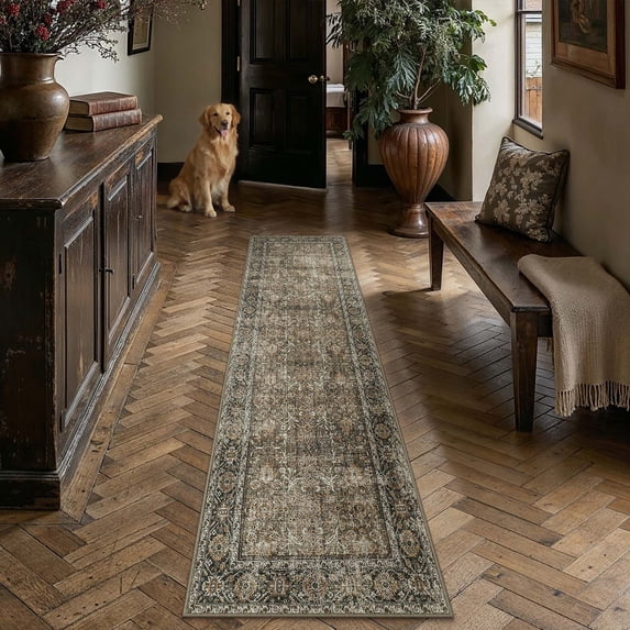 BERTHMEER 2'x12' Washable Brown Runner Rugs for Hallway Bathroom Bedroom Entryway Kitchen Non Slip Vintage Oriental Traditional Distressed Indoor Runner Rugs