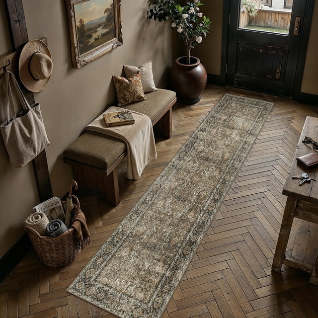 BERTHMEER 2'x12' Washable Brown Runner Rugs for Hallway Bathroom Bedroom Entryway Kitchen Non Slip Vintage Oriental Traditional Distressed Indoor Runner Rugs