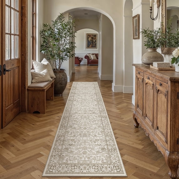 BERTHMEER 2'x12' Washable Runner Rugs for Hallway Bathroom Bedroom Entryway Kitchen Non Slip Brown Vintage Oriental Distressed Runner Rugs